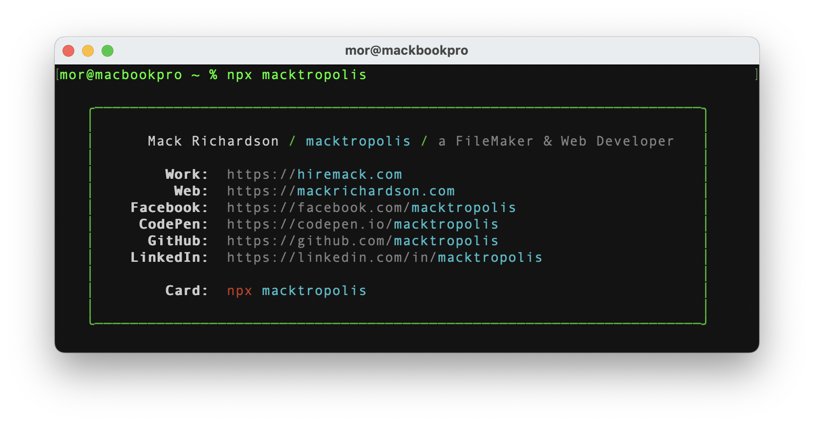 A NPM business card in the terminal